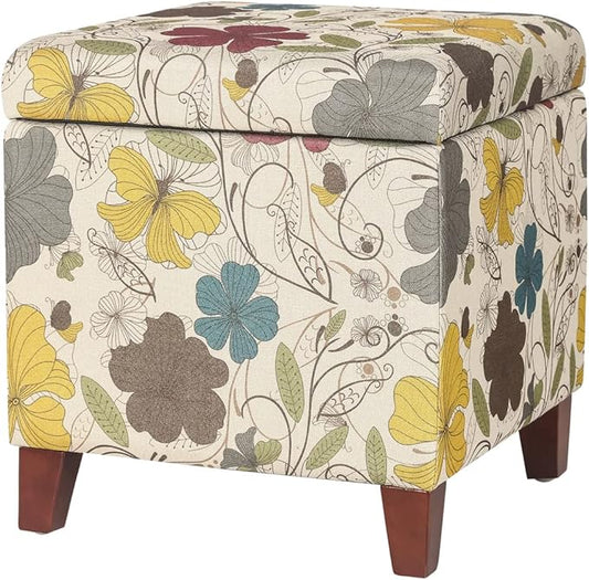Adeco 18 Inch High Cube Ottoman Storage, Floral Printed Linen Chair Foot Stools, Upholstered Vanity Stool with Hinged Lid, Solid Wood Legs-CasaMuseHome