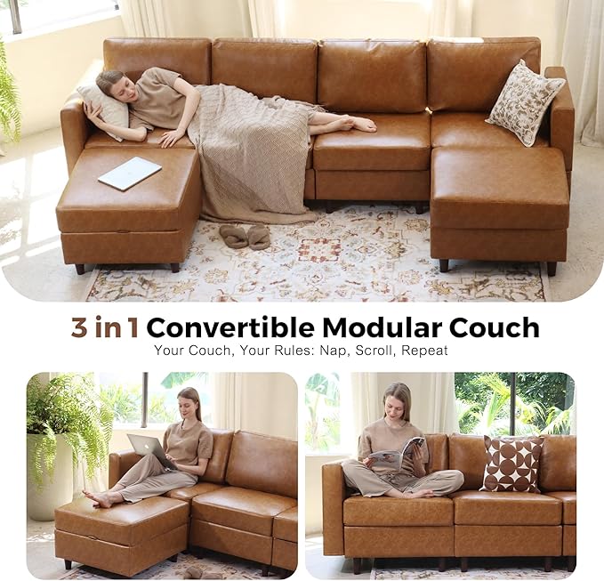 118.5" Faux Leather Modular Sectional Convertible Sofa, L Shaped Couch Set for Living Room, Large 8-Seater Comfy Cloud Couches with Movable Storage Ottoman DIY Combination - Brown-CasaMuseHome