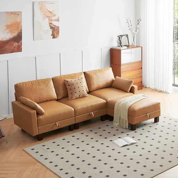 L Shape Modular Sofa, Faux Leather Sectional, 98'' 4 Seater Couch, Mid Century Modern Decor Couch, Office Sectional Sofa Bed, for House, Apartment, Living Room, Tan-CasaMuseHome