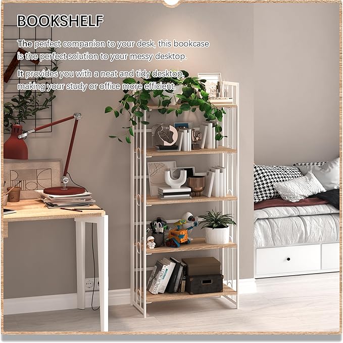 4NM No Assembly 5 Tiers Folding Bookshelf, 59.4" H Foldable Storage Shelves Vintage Bookcase Standing Racks Study Organizer Home Office - Natural White-CasaMuseHome
