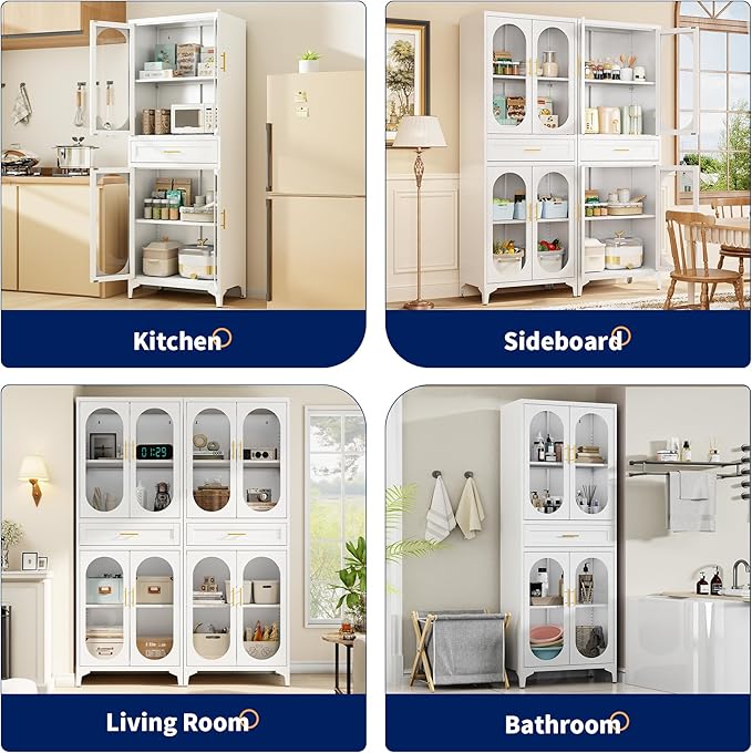 75” Tall Kitchen Pantry Storage Cabinet, Metal Storage Cabinet with 1 Drawer and Adjustable Shelves, Kitchen Pantry Cupboard, Freestanding Cupboard for Bathroom (White-4 Doors and 1 Drawer)-CasaMuseHome