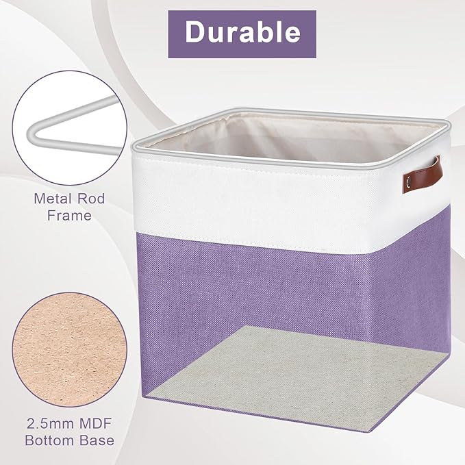 13x13 Cube Storage Bins, Collapsible Fabric Storage Box, 4 Pack Closet Baskets with Handles for Organizing, Shelf, Toys, Clothes, Home, Office, Nursery (Purple&White)-CasaMuseHome