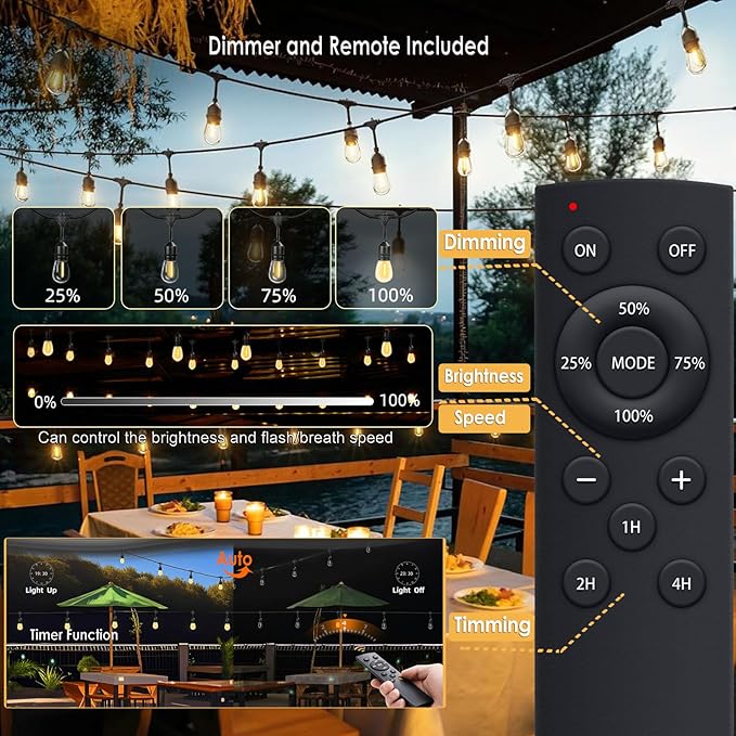 190FT Remote Controlled Outdoor String Lights Patio String Lights for Outside, 60+3 Shatterproof S14 Warm Lights String Outdoor for Bistro Café Gazebo Backyard, Linkable, 2 Pack-CasaMuseHome