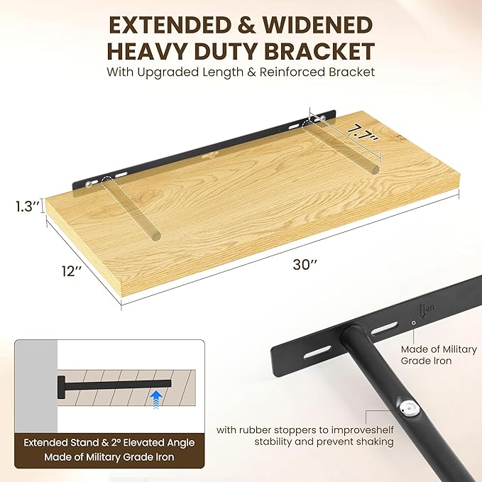 30" Floating Shelves for Wall, 12" Deep Slim Oak Floating Shelves, Wall-Mounted Shelves for Bedroom, Living Room, Kitchen, Bathroom - Set of 2-CasaMuseHome