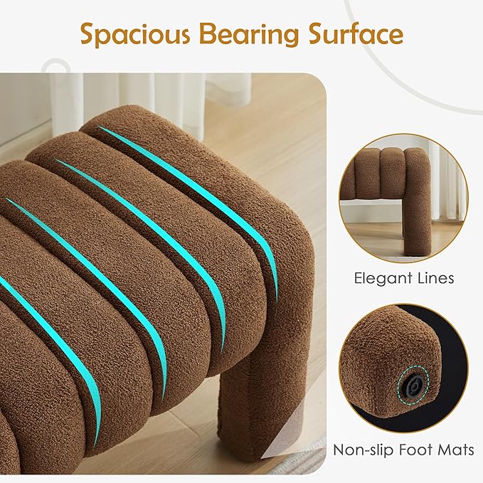 43.3" Bedroom Bench, Upholstered Entryway Bench, Modern End of Bed Ottoman with Solid Wood Legs and Adjustable Foot Pegs for Entryway, Dining Room and Living Room (Brown Boucle)-CasaMuseHome