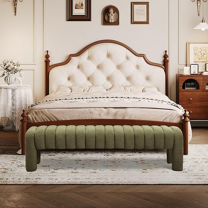 63" Bedroom Bench, Upholstered Entryway Bench, Modern End of Bed Ottoman with Solid Wood Legs and Adjustable Foot Pegs for Entryway, Dining Room and Living Room, 440lbs (Green Boucle)-CasaMuseHome