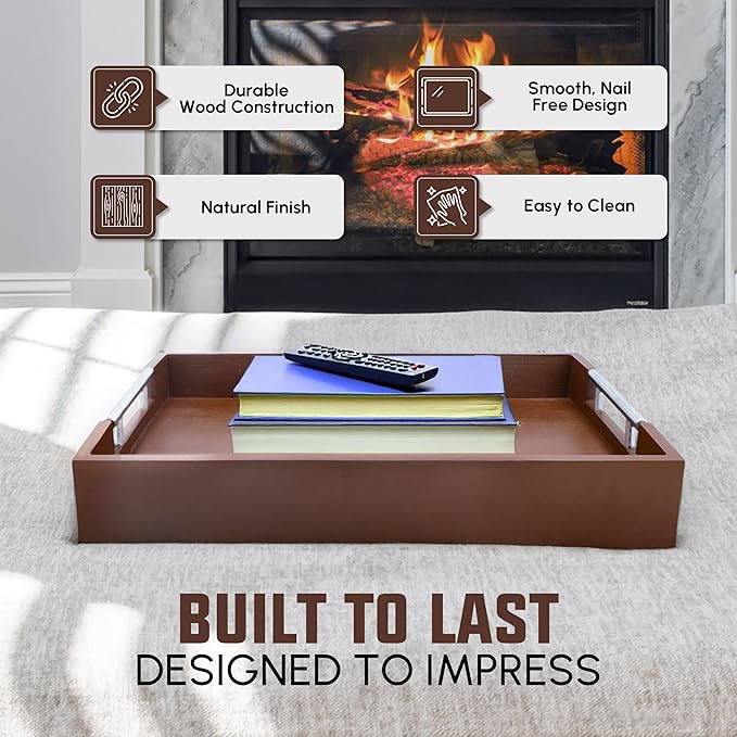 Acacia Wood Serving Tray with Handles - 17" x 13" Rectangular, Decorative Ottoman Tray for Living Room, Coffee Table, Breakfast in Bed, Candle Display-CasaMuseHome