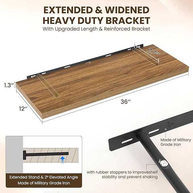 36" Floating Shelves for Wall, 12" Deep Slim Walnut Floating Shelves, Wall-Mounted Shelves for Bedroom, Living Room, Kitchen, Bathroom - Set of 2-CasaMuseHome