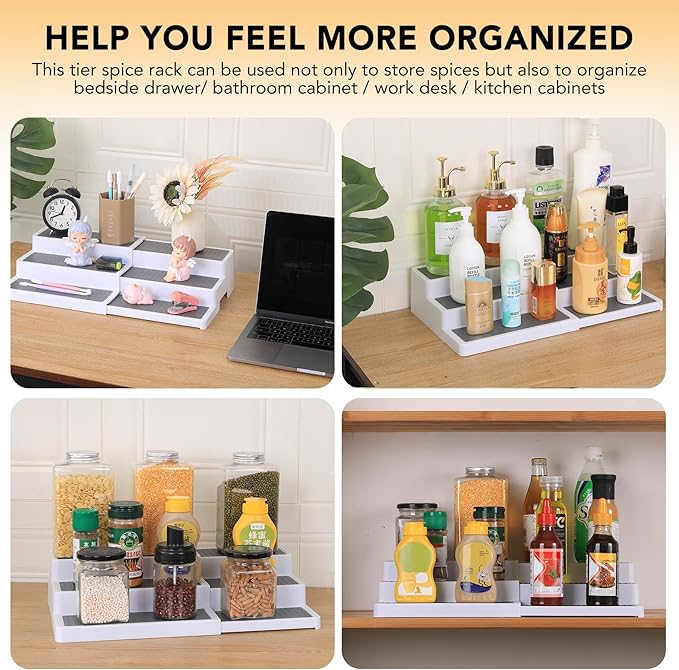 3-Tier Expandable Spice Rack, Plastic Spice Rack Organizer for Cabinet, Adjustable Length, Non-Skid Spice Shelf Organizer for Kitchen Cabinet, Countertop or Pantry, 2 Pack, White/Grey-CasaMuseHome