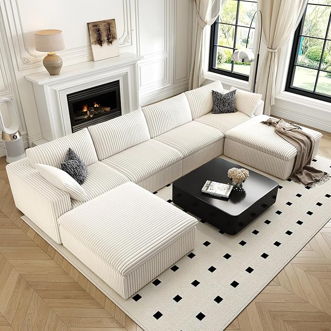 157.5" Cloud Couch Oversized Modular Sectional Sofa for Living Room,Modern Sofa with Deep Seat，U-Shape Boneless Couch with 2 Ottoman,Comfy Upholstered Couches for Apartment, Studio, Office,White-CasaMuseHome