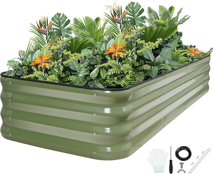 5-in-1 Adjustable Raised Garden Bed Kit | Galvanized Planter Boxes for Vegetables, Flowers | 12" Tall, Multiple Sizes (8x3x1ft, 9x2x1ft, 10x1x1ft, 6x5x1ft, 7x4x1ft) | Outdoor Metal Raised Bed, Green-CasaMuseHome