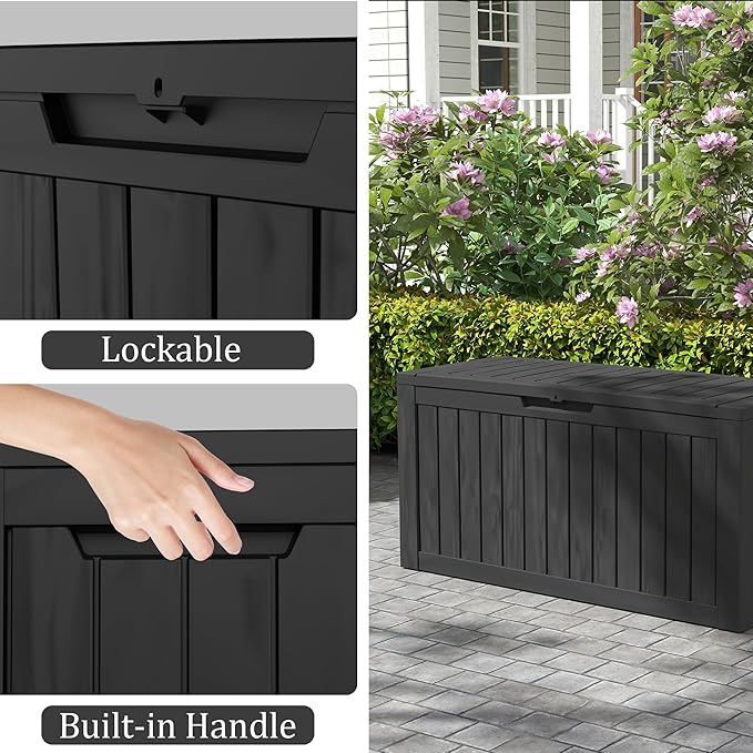 75 Gallon Double-Wall Resin Deck Box - Lockable Waterproof Outdoor Storage Box, 515lbs Capacity & Doubles as Seating for Patio Furniture - Garden Tools, Pool Accessories (Black)-CasaMuseHome