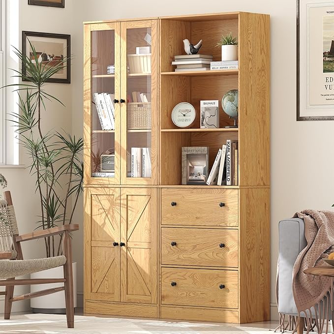 71" Tall Bookshelves Set of 2, Bookcase with Drawers & Bookshelf with Doors, Wooden Bookshelves Floor Standing Display Storage Shelves Home Decor Furniture for Home Office, Living Room,Natural-CasaMuseHome