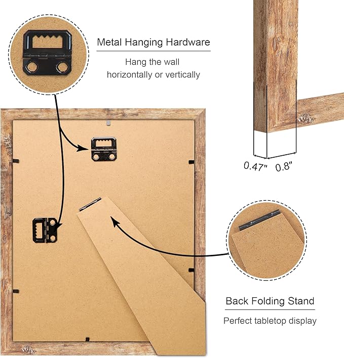 8x10 Picture Frame Set of 4, 8 x 10 Wood Photo Frames with Mat for 5x7, Natural Wooden Frame with Real Glass Cover for Wall and Tabletop Display,Brown-CasaMuseHome