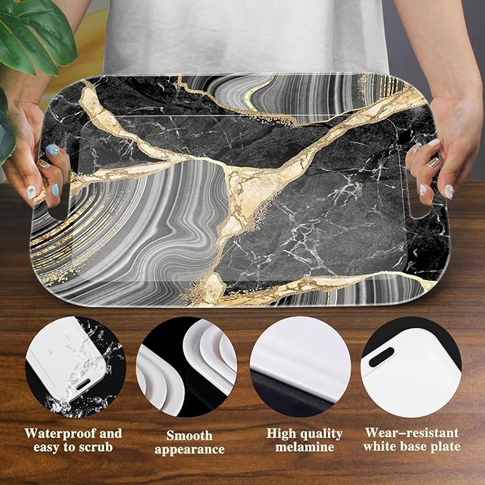 Serving Trays with Handles, 14.5 x 9.8 inch Rectangular Plastic Tray for Restaurant, Kitchen, Abstract Background Black Marble-CasaMuseHome