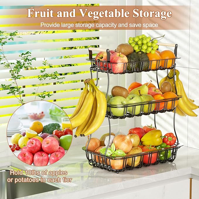 3 Tier Fruit Basket for Kitchen Counter, Fruit Bowl with 2 Banana Hooks Mesh Top, Multifunctional Detachable Sturdy Kitchen Storage Organizer for Vegetables Snacks Onion Potato, Black-CasaMuseHome
