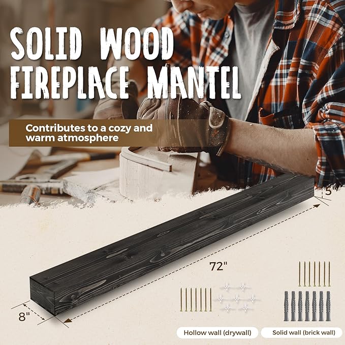 72x8x5 Fireplace Mantel - Handcrafted Hollow Rustic Solid Wood Wall Mounted Floating Shelf with Invisible Heavy Duty Wood Bracket (Weathered Black)-CasaMuseHome