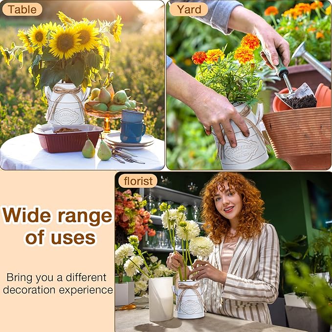 6 Inch Farmhouse Vase Decor Milk Can Vintage Flower Jug Galvanized Metal Vase with Handle Rustic Flower Buckets for Thanksgiving Christmas Table Centerpiece Weddings Gifts(Retro White,4 Pcs)-CasaMuseHome