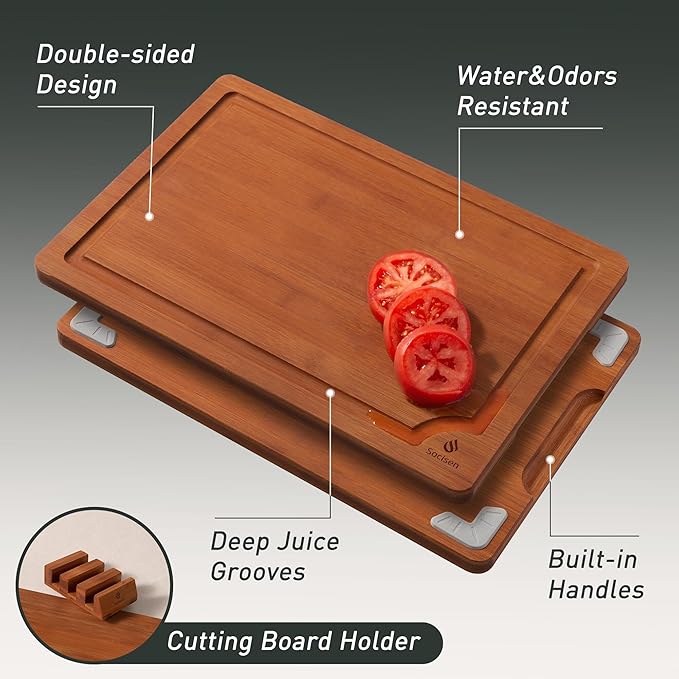 3 Packs Bamboo Cutting Board Set with Non Slip Feet Holder and Over Sink Nice Solid Thick Wood Juice Groove Chopping Board Extra Large Big Small Best Hardwood Kitchen Organic Vegetable Meat BBQ Kit-CasaMuseHome