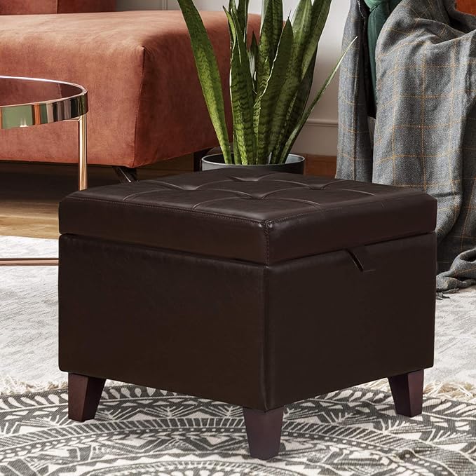 Adeco 15.2" Modern Brown Faux Leather Storage Ottoman with Tufted Flip Top for Living Room, Tufted Accents Rectangular Bench for Foot Rest-CasaMuseHome