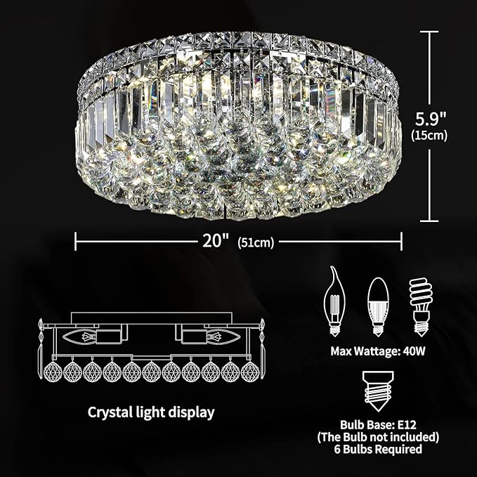 6-Lights Crystal Flush Mount Chandelier Light Fixture with K9 Crystals Modern Ceiling Lights Elegant Pendant Lamp for Bedroom,Hallway,Bar,Living Room,Dining Room,H5.9 xW20 (Bulbs Not Included)-CasaMuseHome
