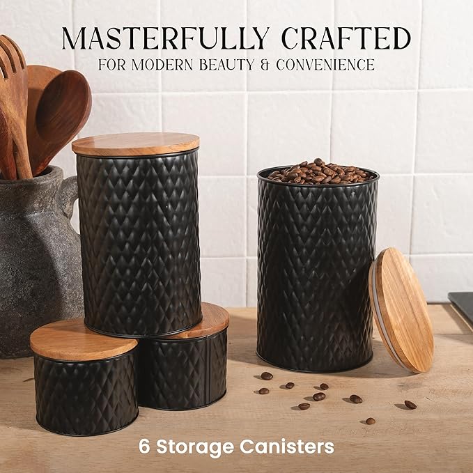 6 Canister Set for the Kitchen Countertop – Metal Food Storage Canisters with Airtight Lids for Flour, Tea, Crafts, Coffee, & Sugar – Container Set with Modern Wood Lids, Black-CasaMuseHome