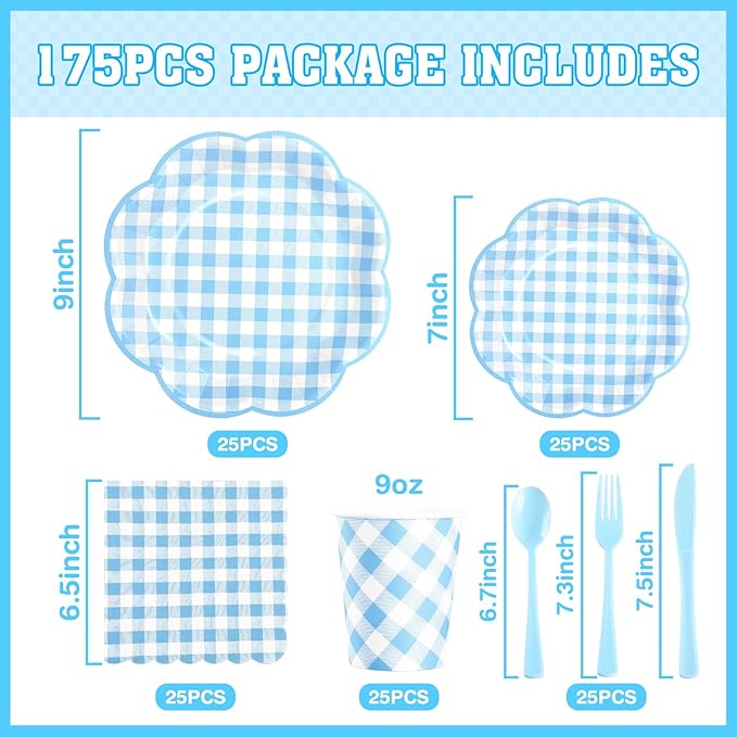 175 Pcs Blue Gingham Plates and Napkins Party Supplies - Blue and White Checkered Plates Sets Serve 25 Guests - Scalloped Gingham Paper Plate for Birthday Dinner Wedding Baby Shower Party Decorations-CasaMuseHome