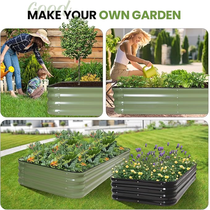 5-in-1 Adjustable Raised Garden Bed Kit | Galvanized Planter Boxes for Vegetables, Flowers | 12" Tall, Multiple Sizes (8x3x1ft, 9x2x1ft, 10x1x1ft, 6x5x1ft, 7x4x1ft) | Outdoor Metal Raised Bed, Green-CasaMuseHome
