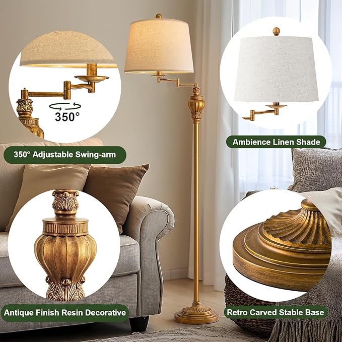 61" Vintage Floor Lamp with 350° Adjustable Swing Arm, Gold Standing Lamp for Bedroom Living Room Nightstand Bedside Retro Farmhouse Mid Century Lamp Light Home Décor Office Gifts-CasaMuseHome