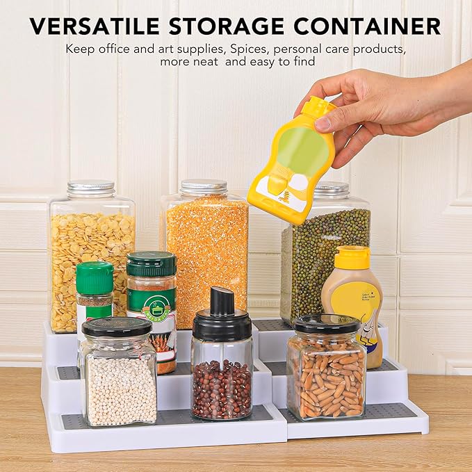 3-Tier Expandable Spice Rack, Plastic Spice Rack Organizer for Cabinet, Adjustable Length, Non-Skid Spice Shelf Organizer for Kitchen Cabinet, Countertop or Pantry, 2 Pack, White/Grey-CasaMuseHome