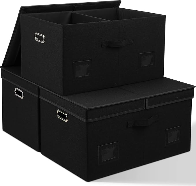 75 Quarts Extra Large Decorative Storage Bins with Lids, 3 Packs Black Collapsible Storage Bins with Lids, Stackable Storage Bins Decorative Box Storage With Lid Extra Large-CasaMuseHome