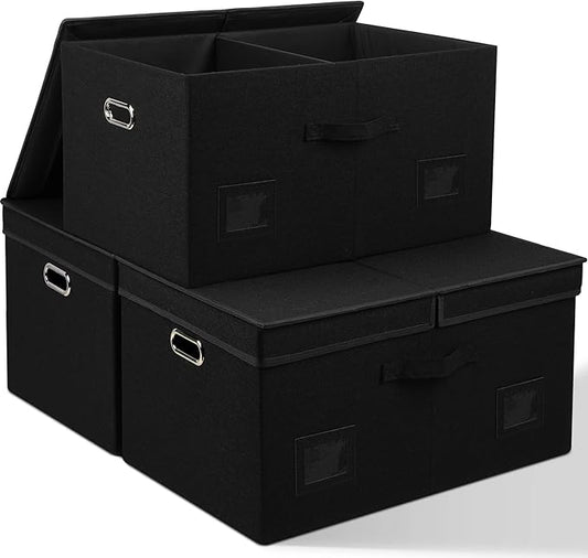 75 Quarts Extra Large Decorative Storage Bins with Lids, 3 Packs Black Collapsible Storage Bins with Lids, Stackable Storage Bins Decorative Box Storage With Lid Extra Large-CasaMuseHome