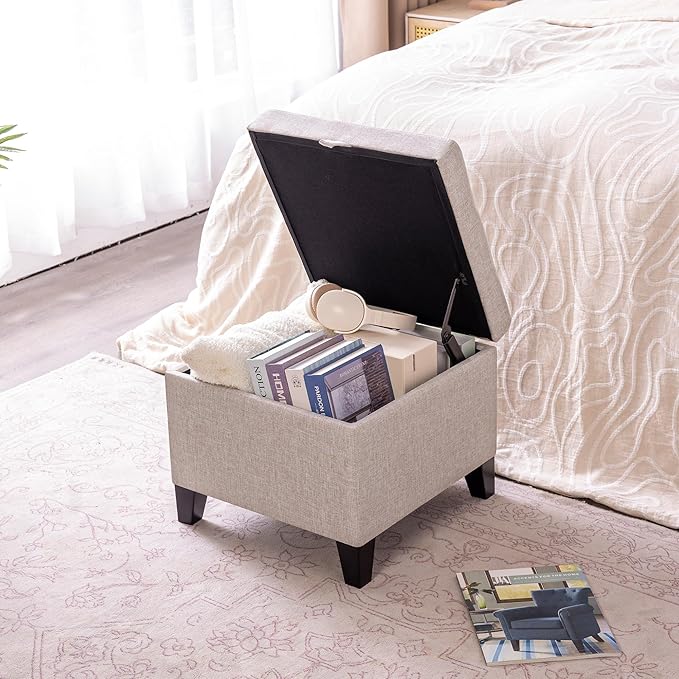 Adeco 18 Inch High Cube Ottoman Storage, Linen Chair Foot Stools, Upholstered Vanity Stool with Hinged Lid, Solid Wood Legs (Beige Grey)-CasaMuseHome