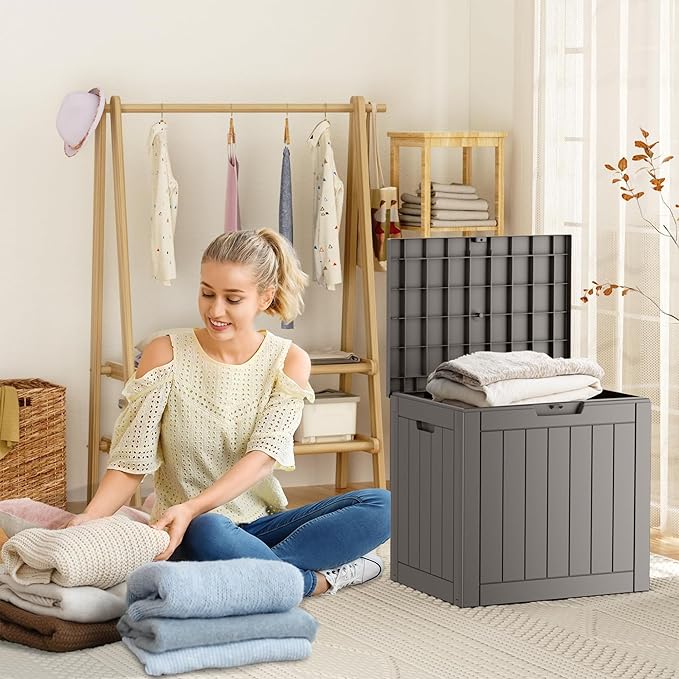 31 Gallon Resin Deck Box, Lockable Patio Outdoor Storage Box for Furniture, Garden Tools and Tools Storage, Waterproof Outside Storage Boxes - Grey-CasaMuseHome
