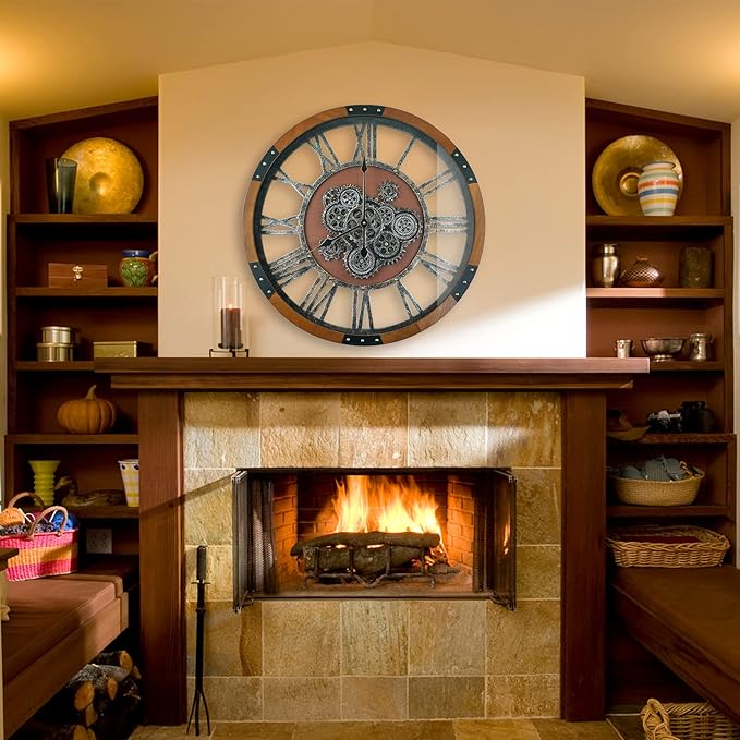 24 Inch Moving Gear Wall Clock, Oversized Wall Clocks, Clock Living Room Decor, Solid Wood Frame, Battery Operated, Large Wall Clock with Steampunk Industrial for Fireplace(Machilus)-CasaMuseHome