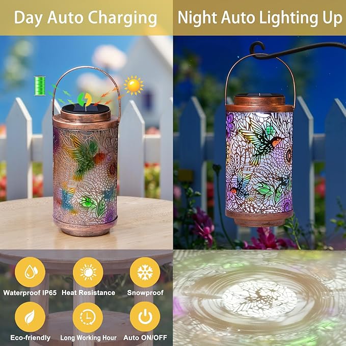 2Pack Solar Lanterns Outdoor Waterproof Hummingbird Colorful Garden Gifts for Mom, Multicolor Solar Lights Lantern for Backyard Garden, Pathway, Outside, Mothers' Day Gifts for Grandma Women-CasaMuseHome