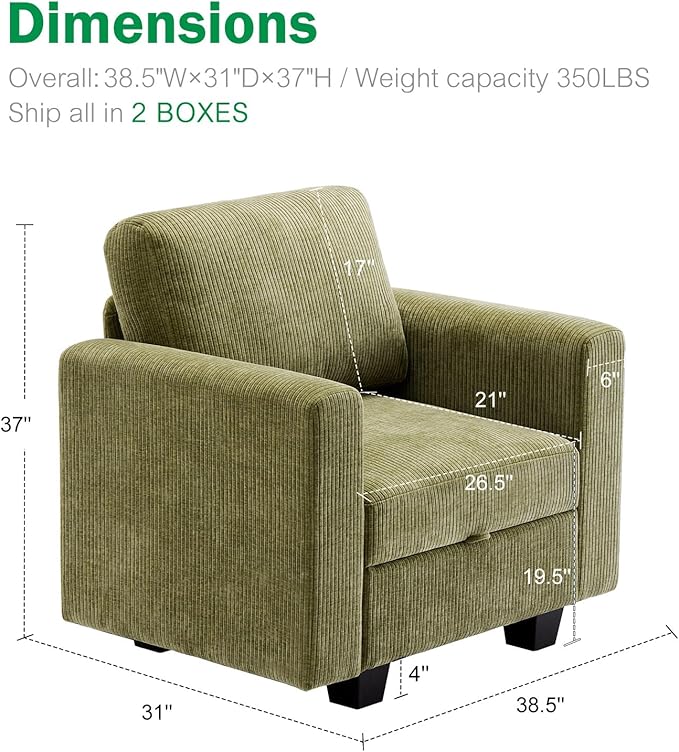 38.5 Oversized Accent Chair with Storage Green Corduroy Set of 2, Single Modern Accent Sofa Chair with Arms for Apartment Living Room (21" Deep Seat)-CasaMuseHome