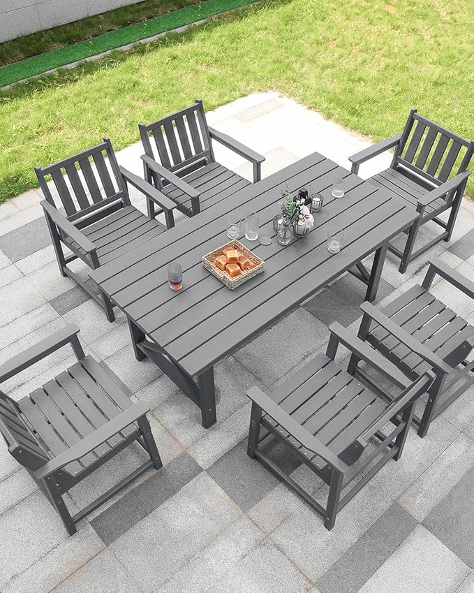 7 Pieces HDPE Outdoor Dining Set, Patio Dining Set with Umbrella Hole, All Weather Outdoor Dining Table Sets for 6, HDPE Patio Furniture Sets for Deck, Backyard, Lawn, and Poolside, Smoke Gray-CasaMuseHome