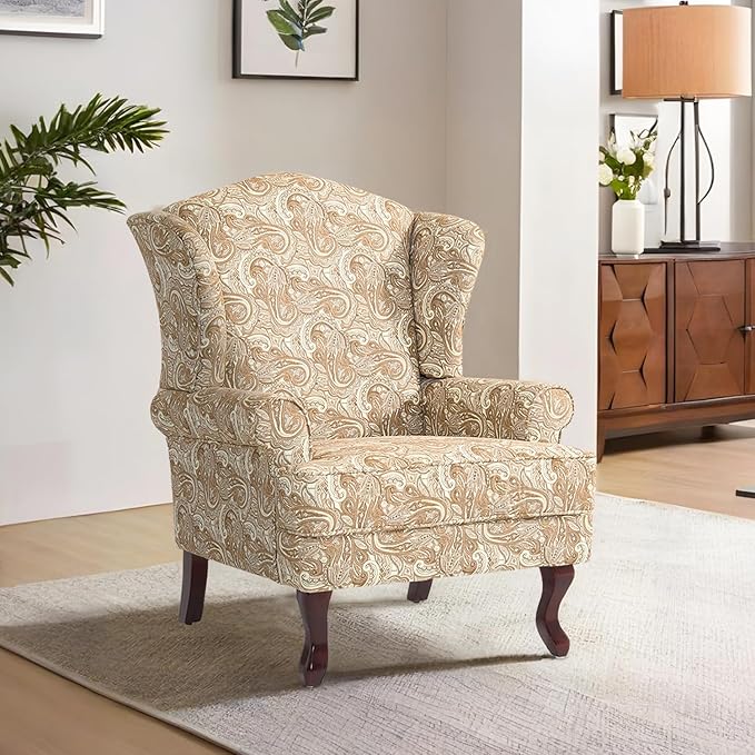 Accent Chair, High Back Upholstered Armchair with High Resilience Sponge & Wood Legs, Mid-Century Modern Comfy Single Sofa Reading Chairs for Living Room, Bedroom (Floral Sand, Set of 1)-CasaMuseHome