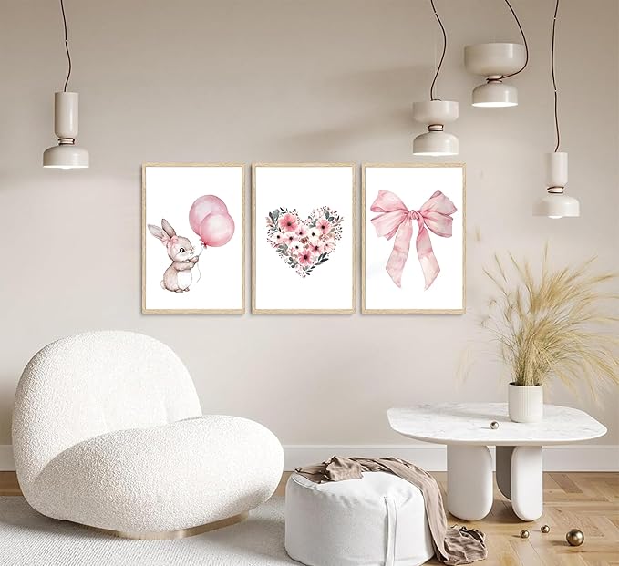 3Pcs Cute Bunny Canvas Wall Art Pink Bow Easter Poster Prints Love Wildflowers Picture Decoration for Nursery Girl Bedroom Children's Room Easter Gifts for Kids Unframed-CasaMuseHome
