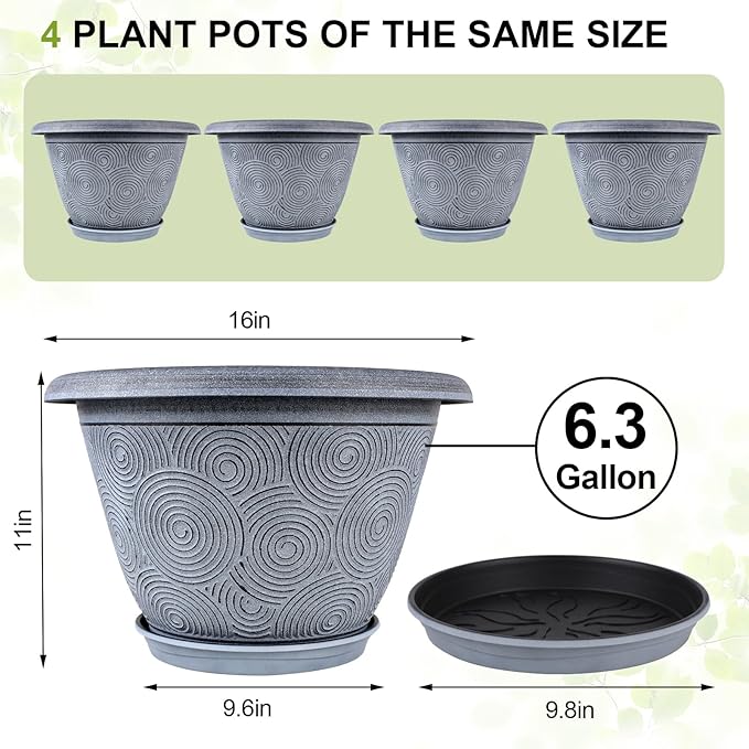 16 Inch Large Planter Pot for Plants Indoor Outdoor, 4 Pack Plastic Flower Pots with Drainage Hole & Tray, Modern Decorative Garden Pot with Saucer, Plant Container for House-CasaMuseHome