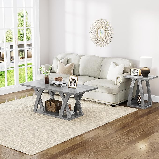 47” Wood Coffee Tables for Living Room Rustic Stands with Storage Shelf Grey Coffee Tables for Living Room Farmhouse Center Stands with Shelf Farmhouse Rectangle Center Table-CasaMuseHome