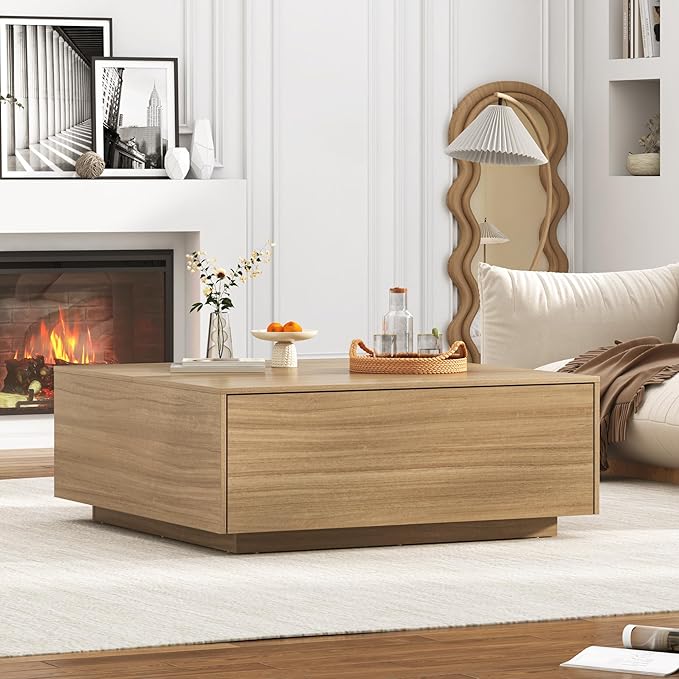 43” Square Coffee Table with Storage, 43" D x 43" W x 17" H Modern Large Square Center Table with 2 Drawers, Wood Coffee Table for Living Room, Light Brown,Bedroom,Light Brown-CasaMuseHome