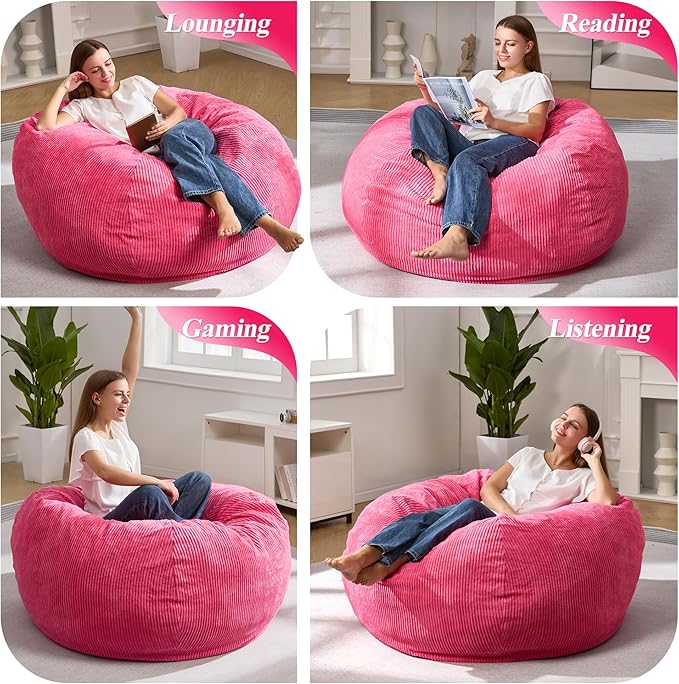3.5FT Bean Bag Chairs Teardrop Bean Bag Chair for Adults Beanbag Chair with Memory Foam Filled Machine Washable Cover for Living Room, Bedroom (Large,Pink)-CasaMuseHome