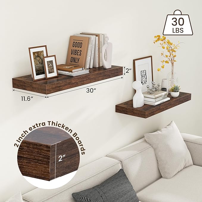 12 Inch Deep Floating Shelves for Wall | 30 Inch Floating Shelves Set of 2 | Rustic Wood Shelves for Living Room Bathroom Laundry Room Bedroom Kitchen Home Office - Rustic Brown-CasaMuseHome