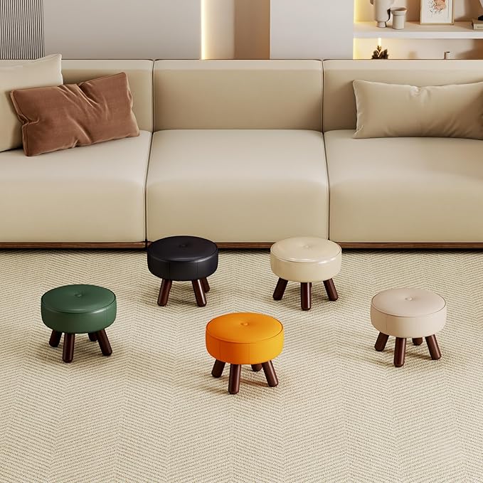 13in Small Foot Stool Ottoman, Round Faux Leather Foot Rest, Footstool Ottomans with Rubber Legs Under Desk, Footrest for Couch, Living Room, Bedroom, Office, 13''L x 13''W x 10.2''H, Black-CasaMuseHome