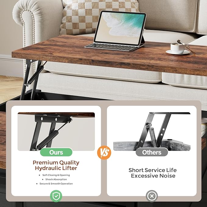 31.5" Lift Top Coffee Table with Storage, Farmhouse Coffee Tables for Living Room, Square Coffee Table with Large Hidden Storage Compartment, 2 Drawers & Removable Shelves, Black-CasaMuseHome