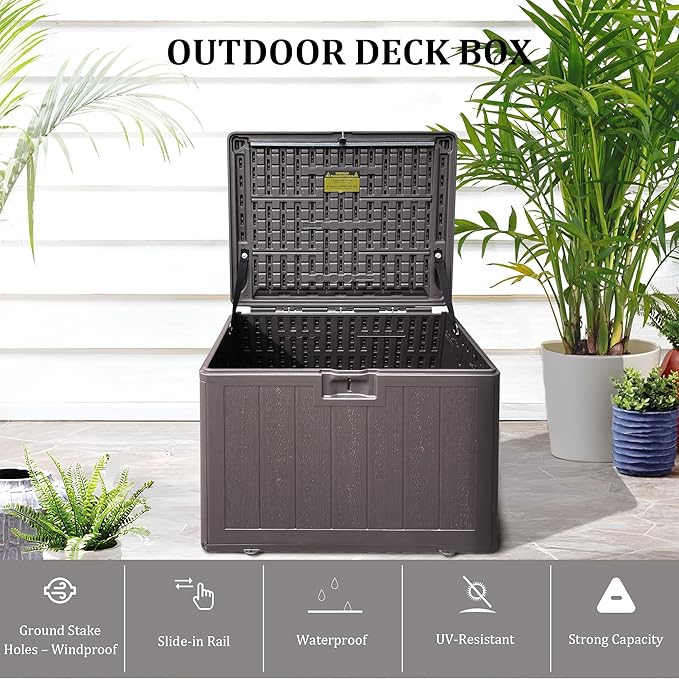 33 Gallon Pro Outdoor Storage Box Waterproof Lockable Resin Deck Box Large, Patio Storage Bin for Pool Accessories Cushion Furniture, Garden Tools, UV-Resistant Outside Delivery Brown-CasaMuseHome