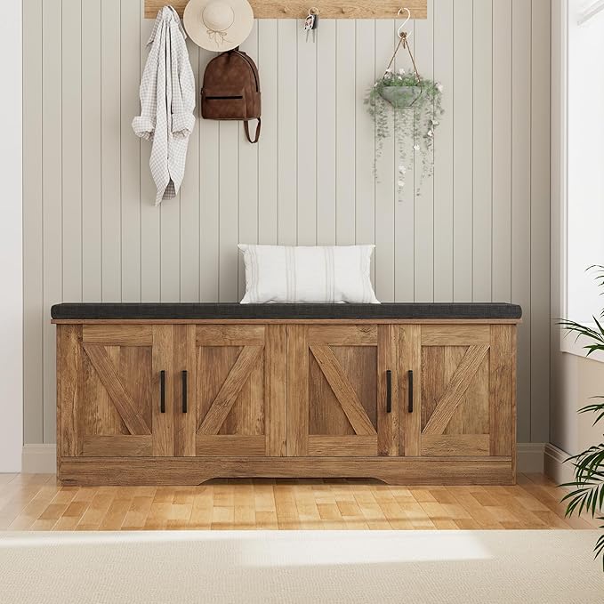 2-Tier Storage Bench, Shoe Bench with Padded Seat Cushion, Entryway Bench with 4 Barn Doors, Adjustable Shelf, 13.8" D x 47.2" W x 17.7" H, for Entryway, Living Room, Bedroom, Rustic Walnut-CasaMuseHome