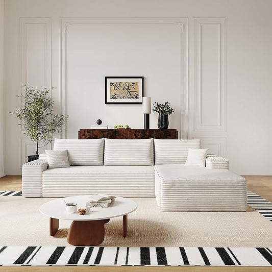 108" Sectional Couches for Living Room Modern Modular Sofa with L-Shape Couchs Upholstered Boneless Couch Deep Seat Sectional Couch with Chaise (White, Right Facing Chaise+2Seaters)-CasaMuseHome